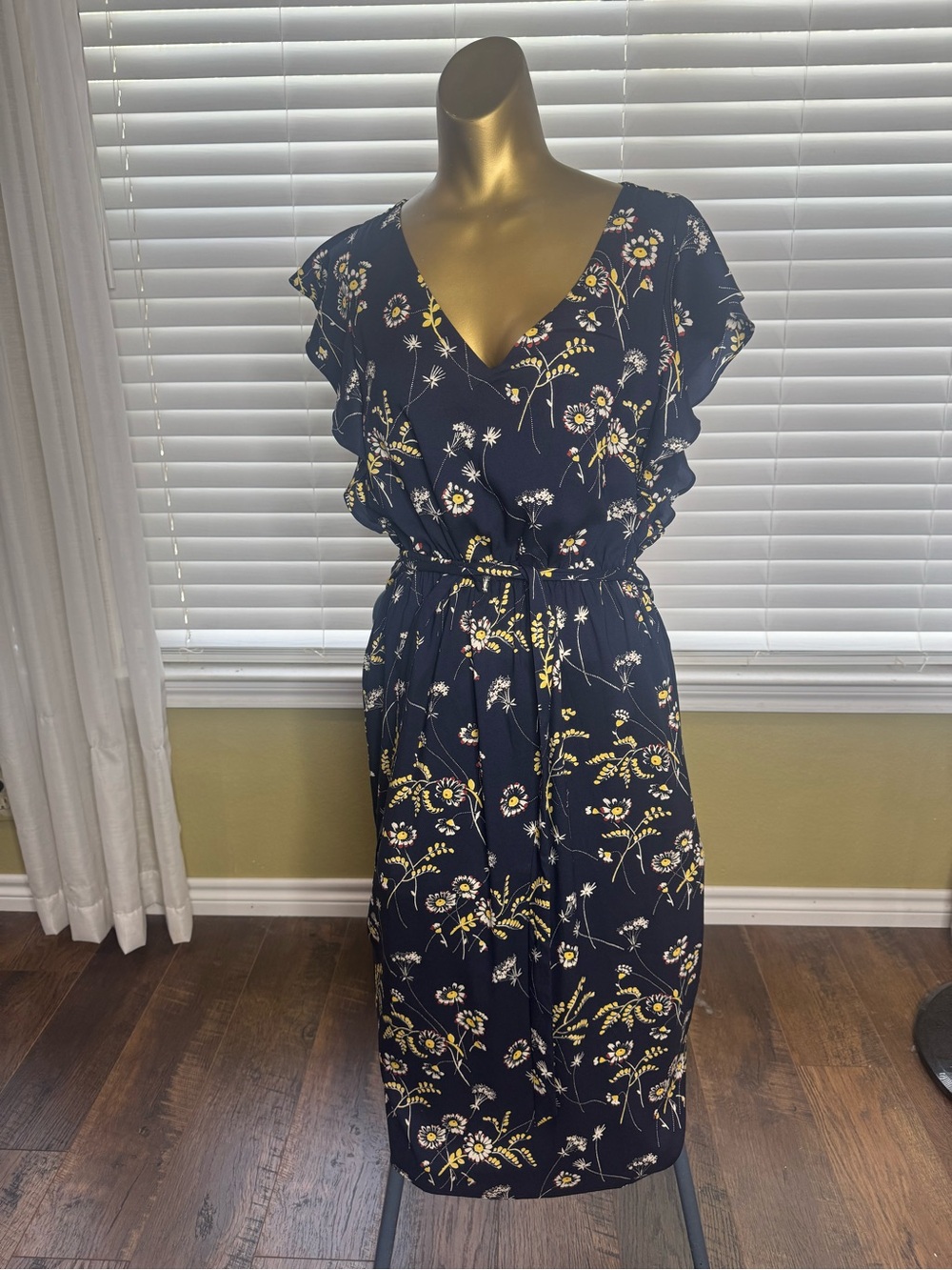 LOFT Navy Floral Midi Dress with Ruffle Sleeves